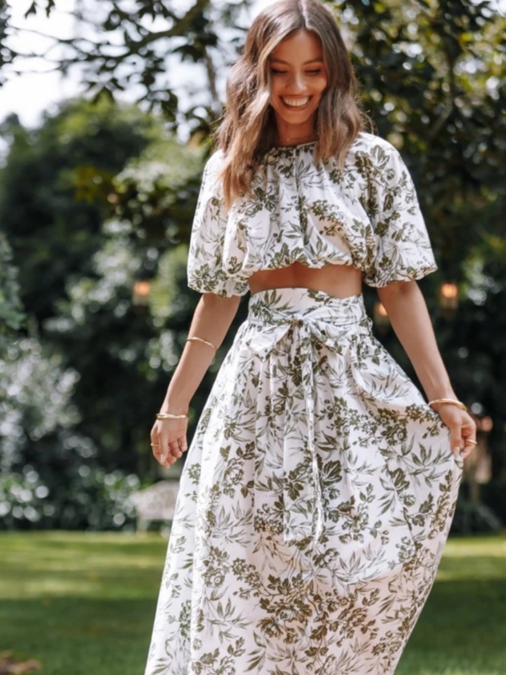 Floral Tie-Waist Maxi Skirt and Top- White & Olive